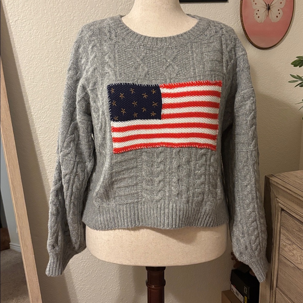 POL Cable Knit Sweater with American Flag-Grey